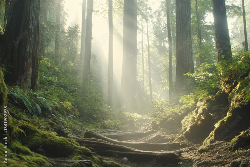 Obraz premium Sunlight filters through dense forest