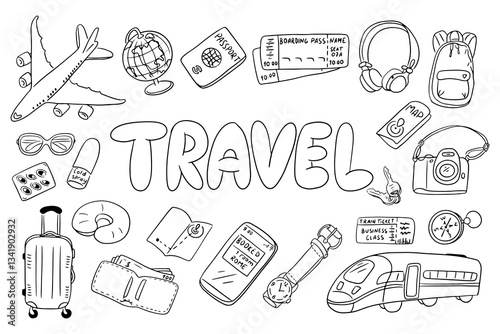 A collection of travel-related doodles, including an airplane, train, passport, suitcase, camera. A hand-drawn vector illustration perfect for travel designs, adventure concepts, and coloring pages.