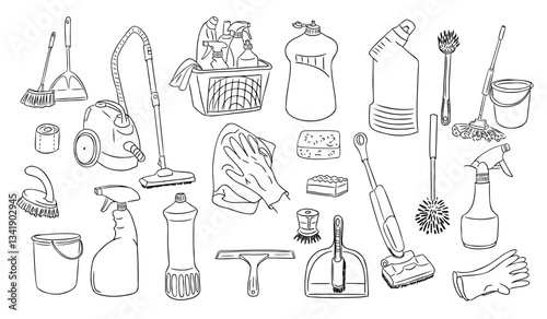 A collection of various cleaning tools and supplies, including brushes, sprays, gloves, sponges, and a vacuum cleaner. A hand-drawn vector illustration perfect for household, and cleaning service