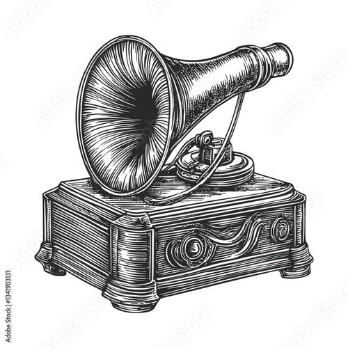 Vintage Woodcut Design of an Antique Gramophone Illustration