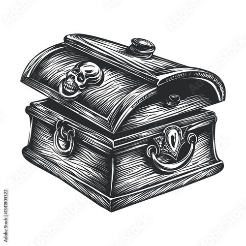 Vintage Woodcut Style Treasure Chest with Skull Design