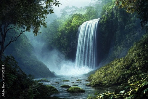 Giant waterfall cascades down in a lush, dense jungle under a misty atmosphere