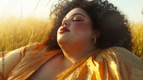 Close-Up Portrait of a Young Woman with Curly Hair Relaxing in Golden Fields Under Soft Sunlight