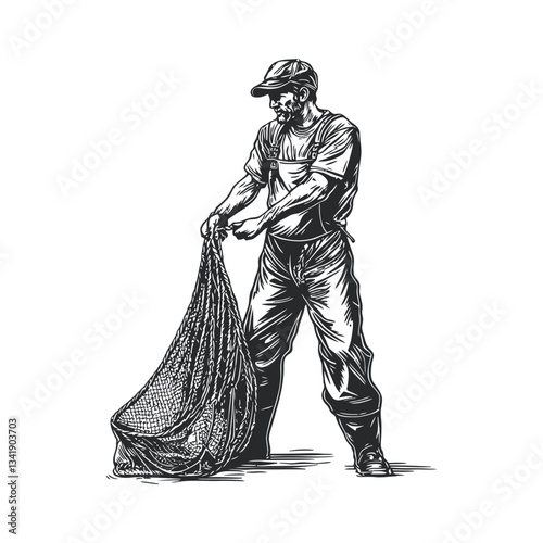 Fisherman with Fishing Net in Vintage Woodcut Style Illustration