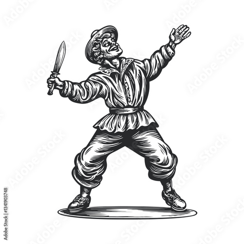 Vintage Woodcut of a Man with a Knife in a Dynamic Pose