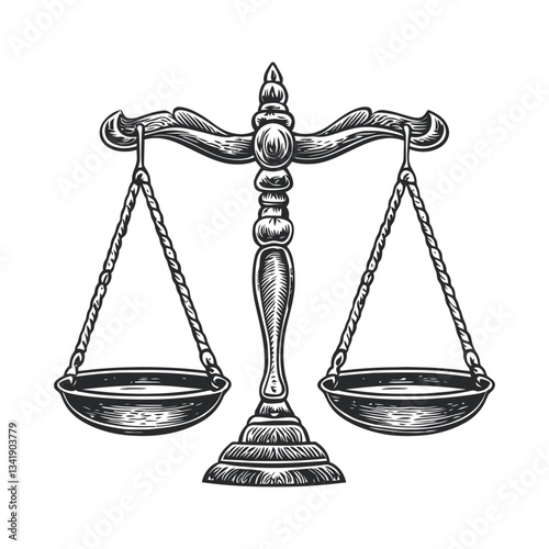 Intricate Woodcut Style Illustration of a Justice Scale Symbol