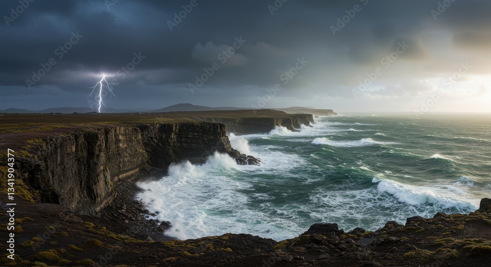 Fototapeta premium Dramatic Lightning Strikes Over Rugged Coastal Cliffs at Dusk