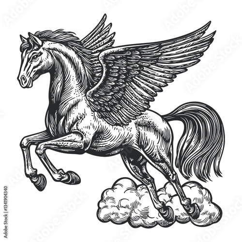 Detailed Woodcut of a Majestic Winged Horse in Flight