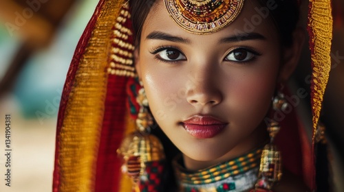 Closeup Portrait of a Young Woman in Traditional Ethnic Attire with Colorful Jewelry and Accessories