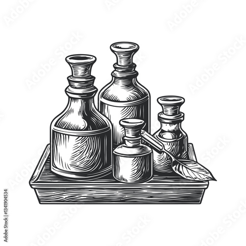 Vintage Woodcut Illustration of Bottles on a Wooden Tray