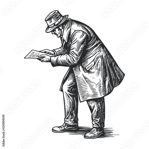 Vintage Woodcut Illustration of a Man Reading a Newspaper