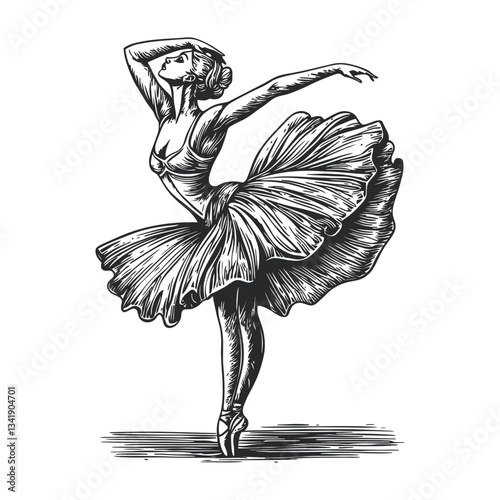 Elegant Woodcut Style Ballet Dancer in Graceful Pose Artwork