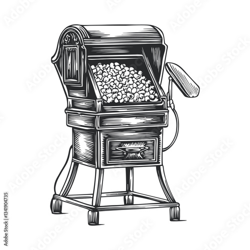 Vintage Woodcut Illustration of Traditional Popcorn Machine Design