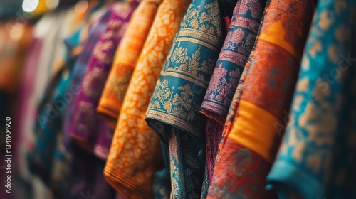 Colorful Display of Traditional Textiles with Intricate Patterns Hanging in Market Setting