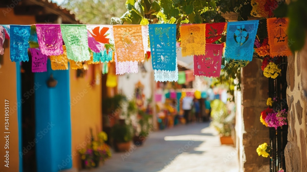Fototapeta premium Colorful Papel Picado Decorations Hanging Over A Charming Street In A Historic Village