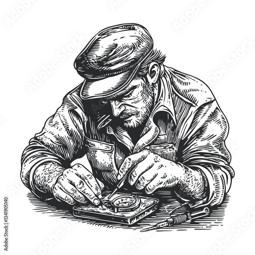 Detailed Woodcut Illustration of a Craftsman Working with Tools