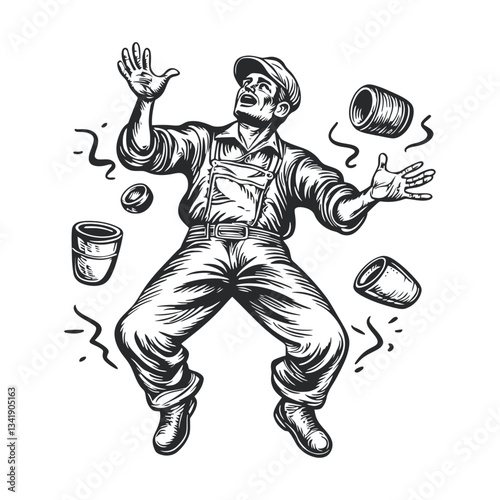 Vintage Woodcut Illustration of Juggler with Various Cups