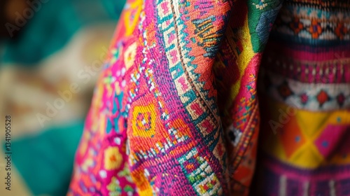 Colorful Woven Textile with Intricate Patterns and Vibrant Shades Captured in Closeup