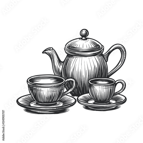 Vintage Woodcut Tea Set Illustration with Teapot and Cups