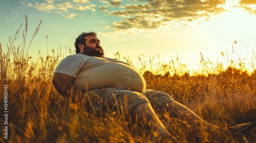 Content Man Relaxing in a Field at Sunset with a Peaceful Expression and Rural Landscape
