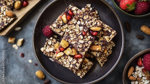 Delicious Granola Bars Topped with Nuts and Berries Served on a Dark Plate with Fresh Ingredients