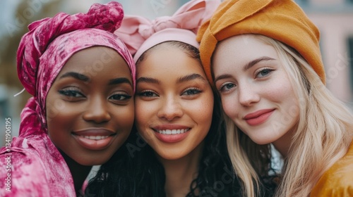 Diverse Group of Three Young Women Smiling Cheerfully with Colorful Headscarves Outdoors