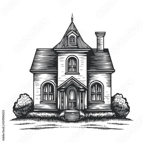 Detailed Vintage Woodcut House Design with Nature Surroundings