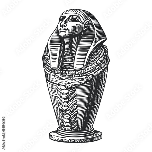 Ancient Egyptian Woodcut Style Sarcophagus with Intricate Design