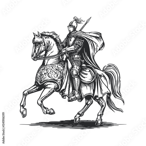 Detailed Knight Woodcut on Horseback in Traditional Artistic Style