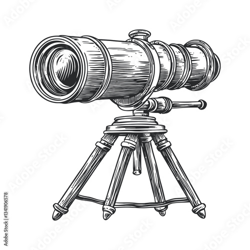 Vintage Woodcut-style Telescope with Tripod Stand Illustration