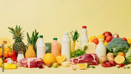 diverse assortment of fresh groceries displaying vibrant produce dairy and meat products on pastel backdrop