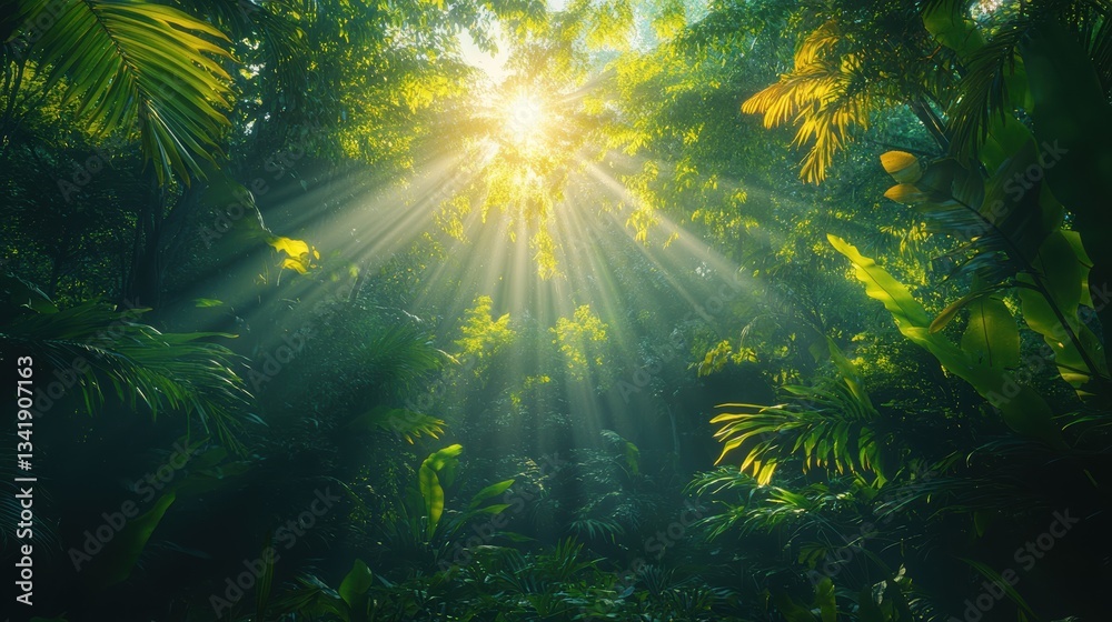 Fototapeta premium Sunlight piercing through the lush canopy of a tropical rainforest in ultra-HD clarity