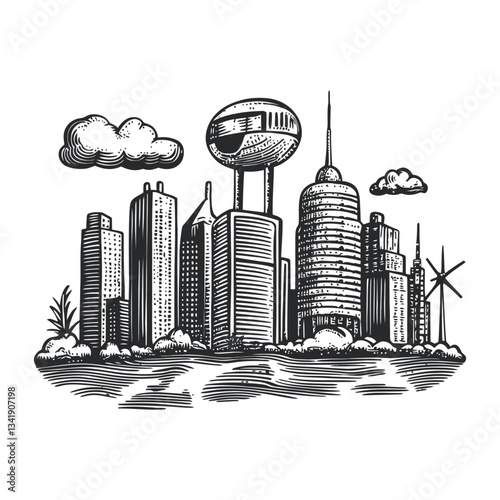 Urban Skyline Illustration in Woodcut Style with City Features