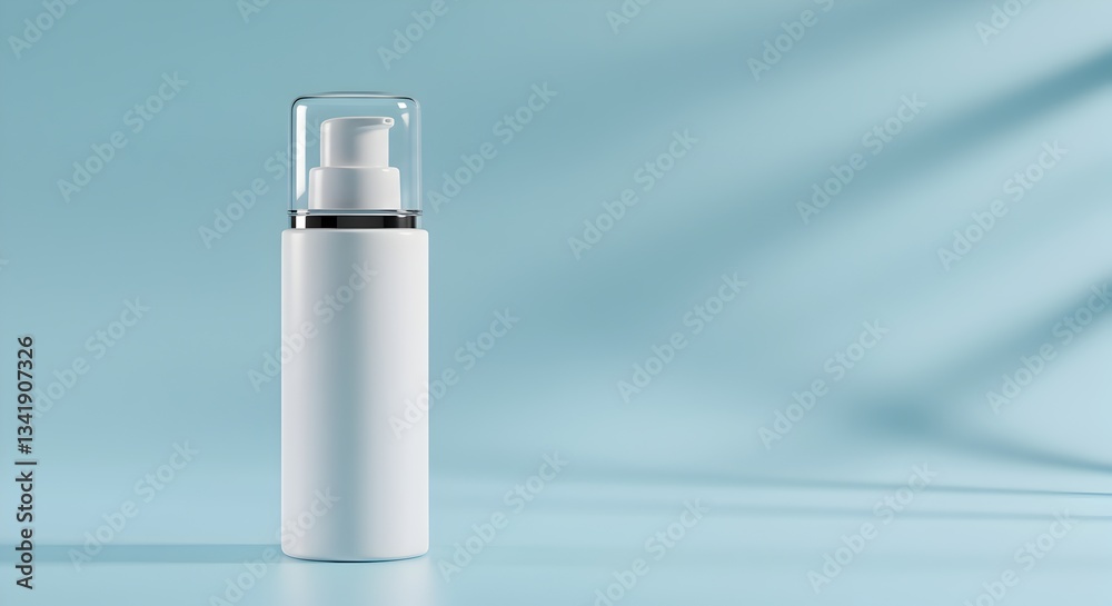 Elegant cosmetic bottle with pump on light blue background casting shadows Elegant cosmetic bottle with pump on light blue background casting shadows