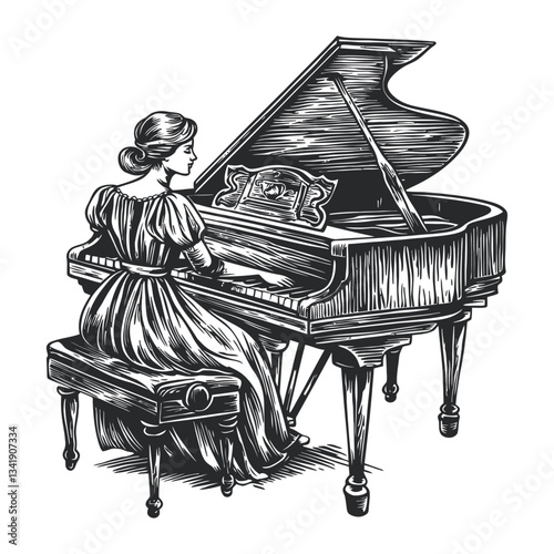 Elegant Woman Playing Grand Piano in Vintage Woodcut Style