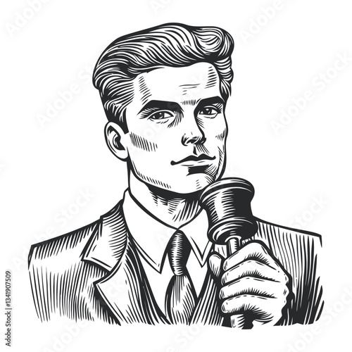 Vintage Woodcut Style Portrait of a Confident Male Speaker
