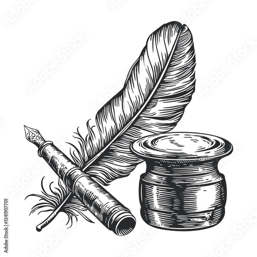 Vintage Woodcut Style Feather Quill Pen and Inkwell Illustration