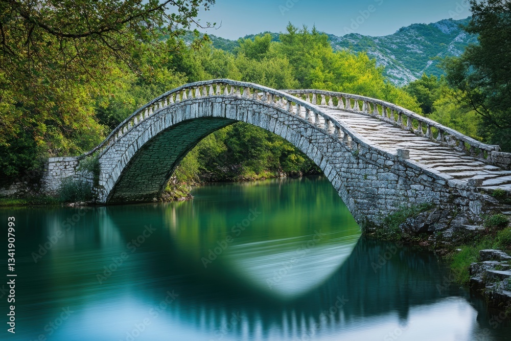 Serene ancient stone bridge over a tranquil river surrounded by lush greenery Serene ancient stone bridge over a tranquil river surrounded by lush greenery