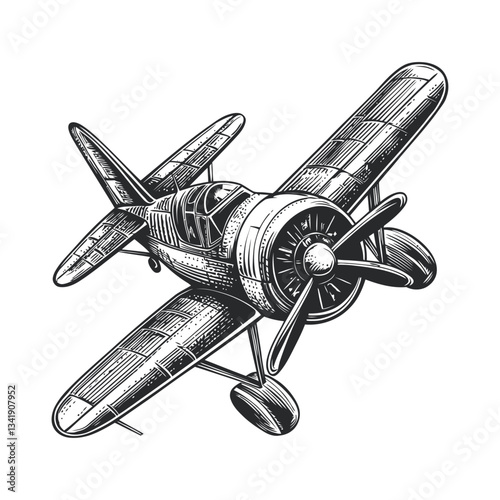 Vintage Woodcut Style Airplane Illustration in Black and White