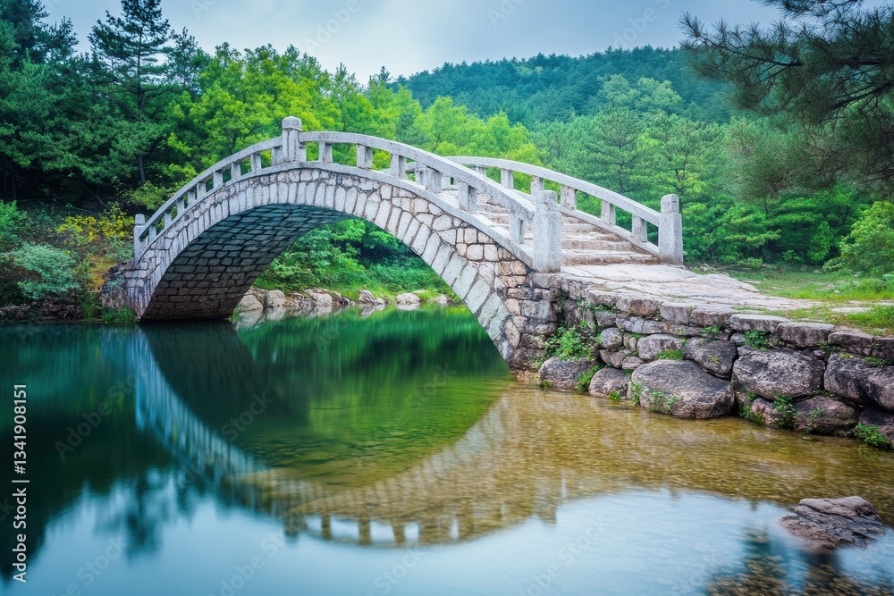 Ancient stone bridge arches over a tranquil river surrounded by lush greenery Ancient stone bridge arches over a tranquil river surrounded by lush greenery