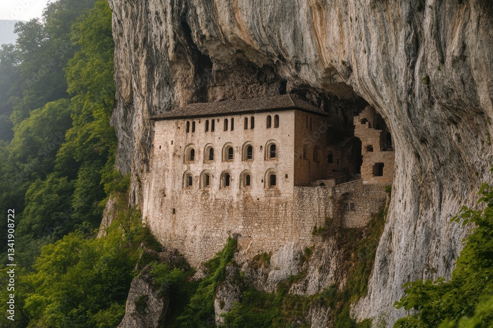 Fototapeta premium Cliffside monastery built into the rock in stunning 8K resolution