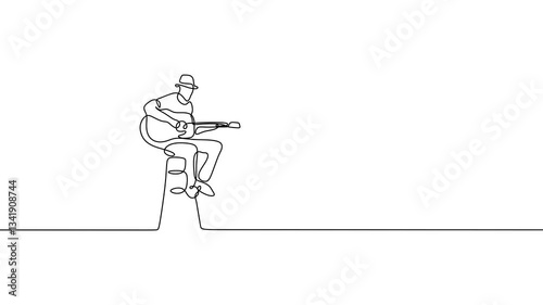 Music player with acoustic guitar. Represents creativity, music passion, and performance. Continuous line art drawing animation black and white.