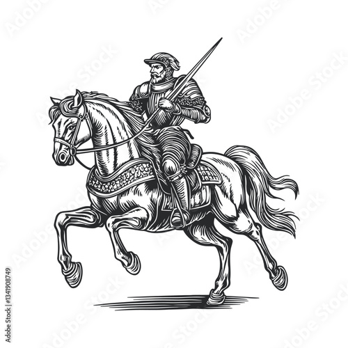 Detailed Woodcut of a Knight Riding a Horse with Sword Raised