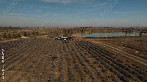 Aerial view of a large agricultural drone flying low over lavender fields with a farmer and a pickup truck in the background