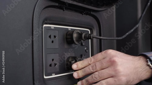 Close up of a man hand plugging various device connectors into outlets in the pickup truck trunk in slow motion