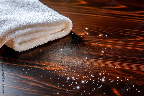 Dust particles being wiped from a dark wooden surface with a towel Generative AI