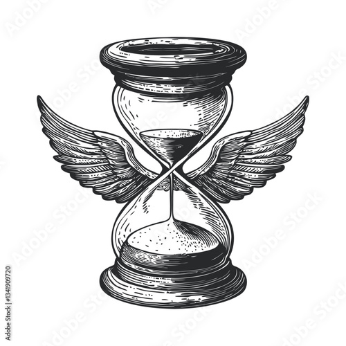 Winged Hourglass Illustration in Vintage Woodcut Style Design