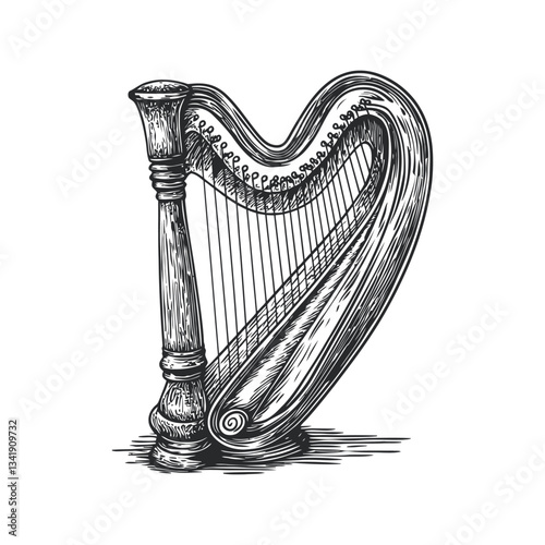 Intricate Woodcut Illustration of a Traditional Harp in Black and White