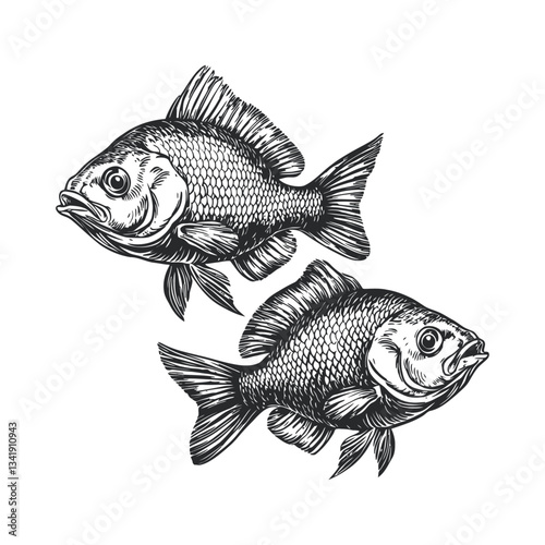 Intricate Woodcut Style Illustration of Two Fish in Black and White