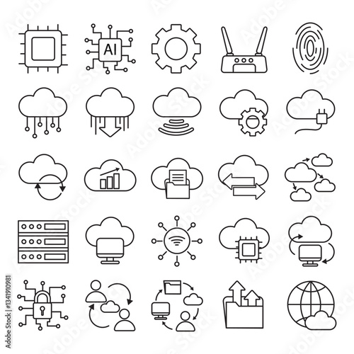 technology icons set. Website, internet computer, cloud , digital service, database. line icon collection. Vector illustration.